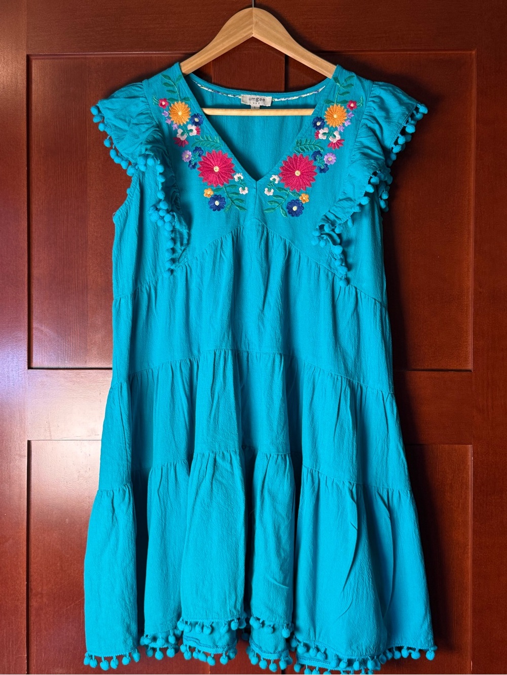 Umgee Teal Embroidered Floral Tiered Boho Mini Dress Size L Pom Pom Trim
